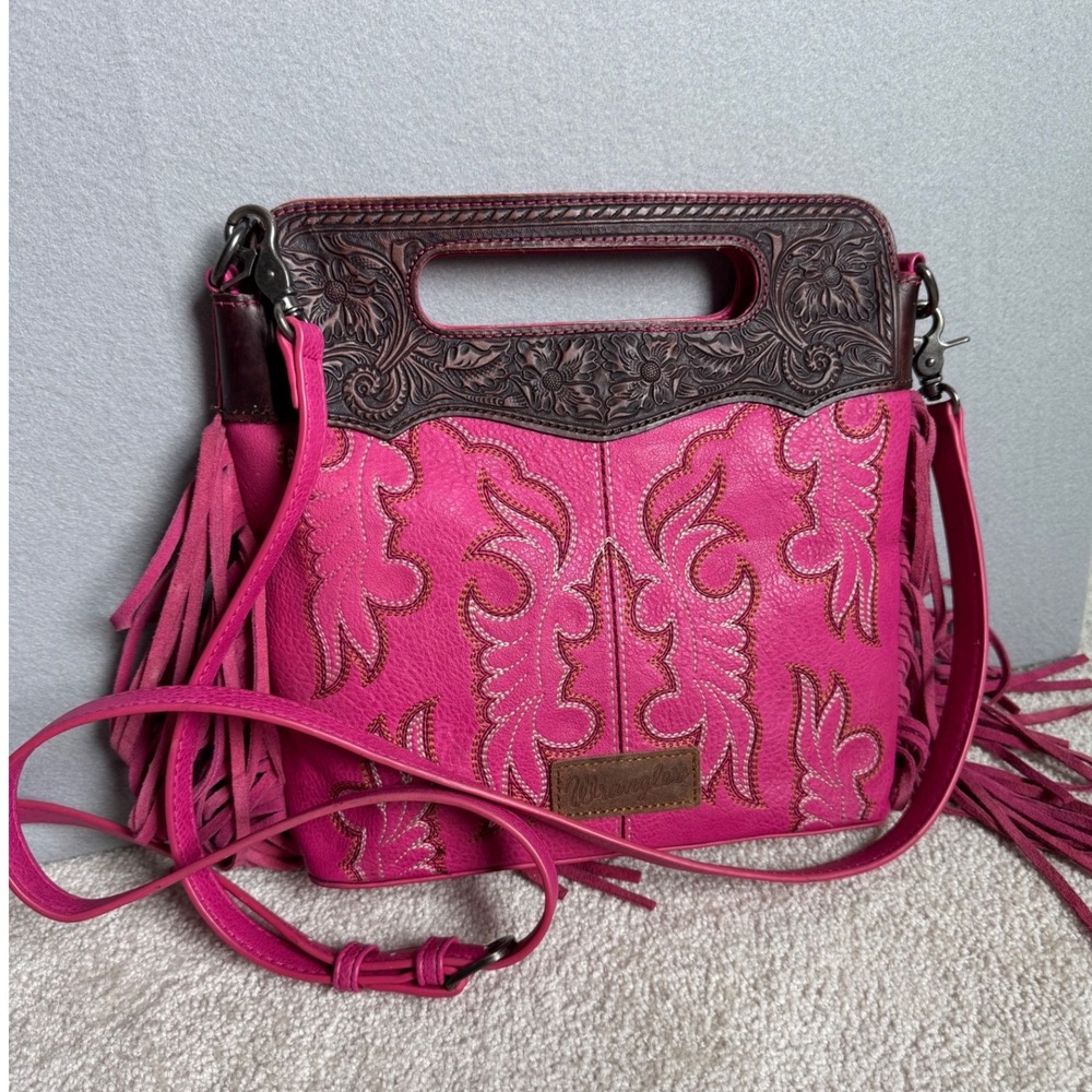 Wrangler Pink and Brown Floral Tooled Crossbody Bag